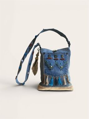 Upcycled Boho Denim Tassel Crossbody Bag with Beads and Embroidery